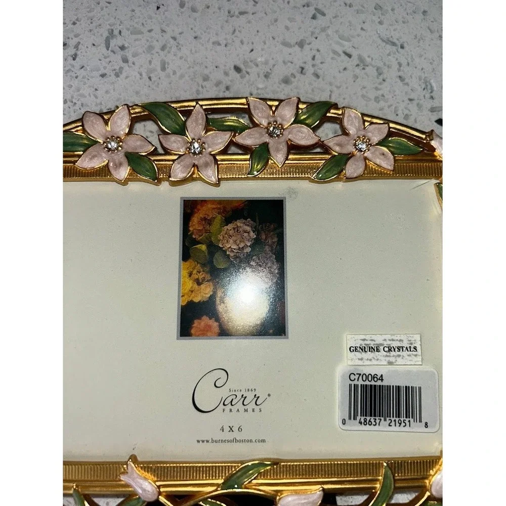 Carr Frames Gold Tone Enamel Floral‎ 4x6 Picture Frame Crystal Accents C70064